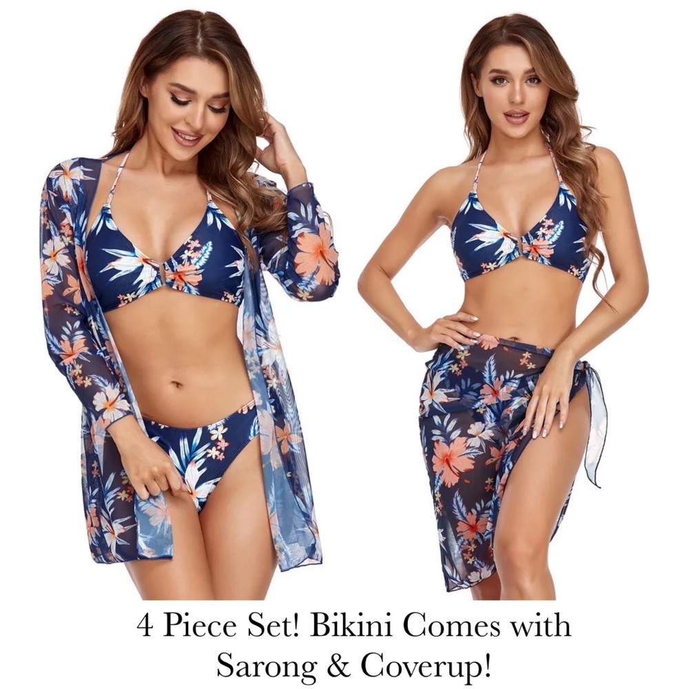 4 Pcs Set Blue Tropical Floral Bikini with Sarong & Coverup